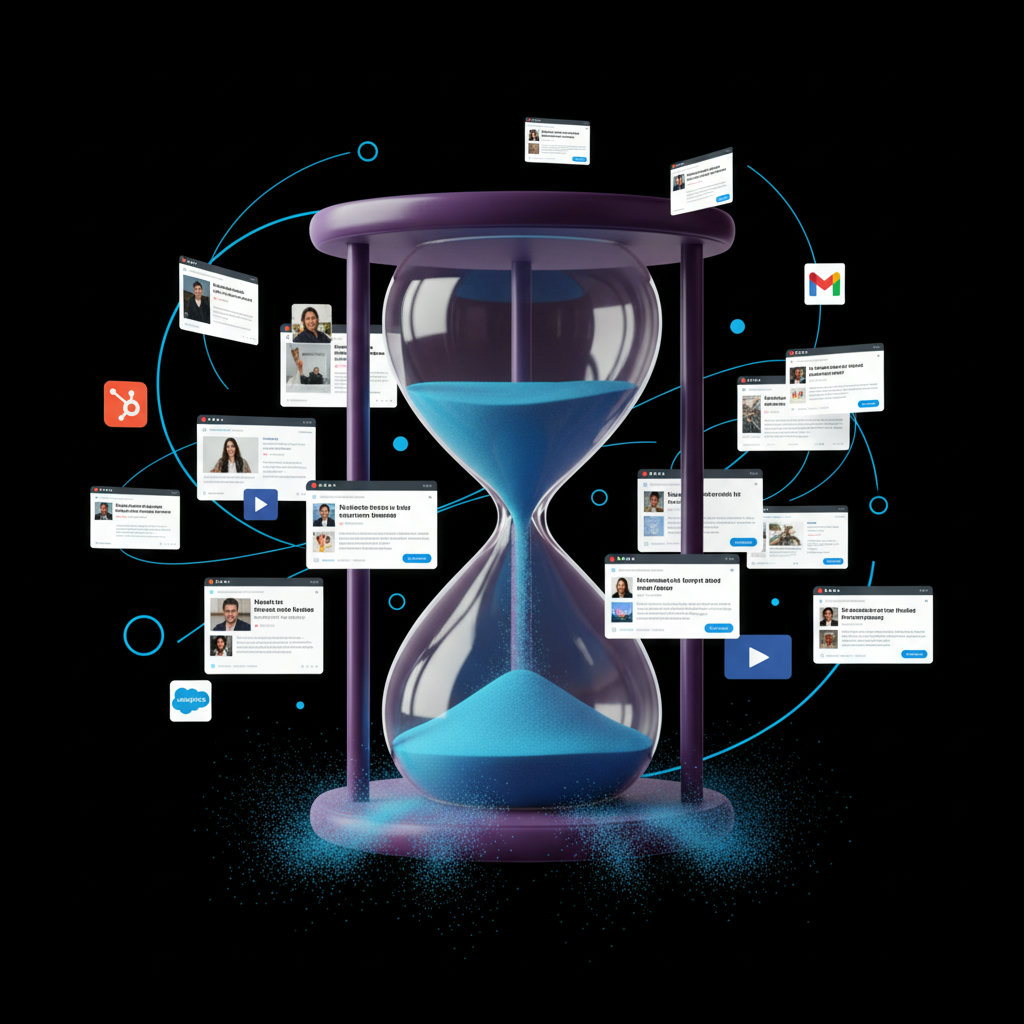 An hourglass with sand rapidly draining, surrounded by overflowing digital content feeds (social media, articles, videos) symbolizing the constant struggle marketers face with limited time and content saturation.