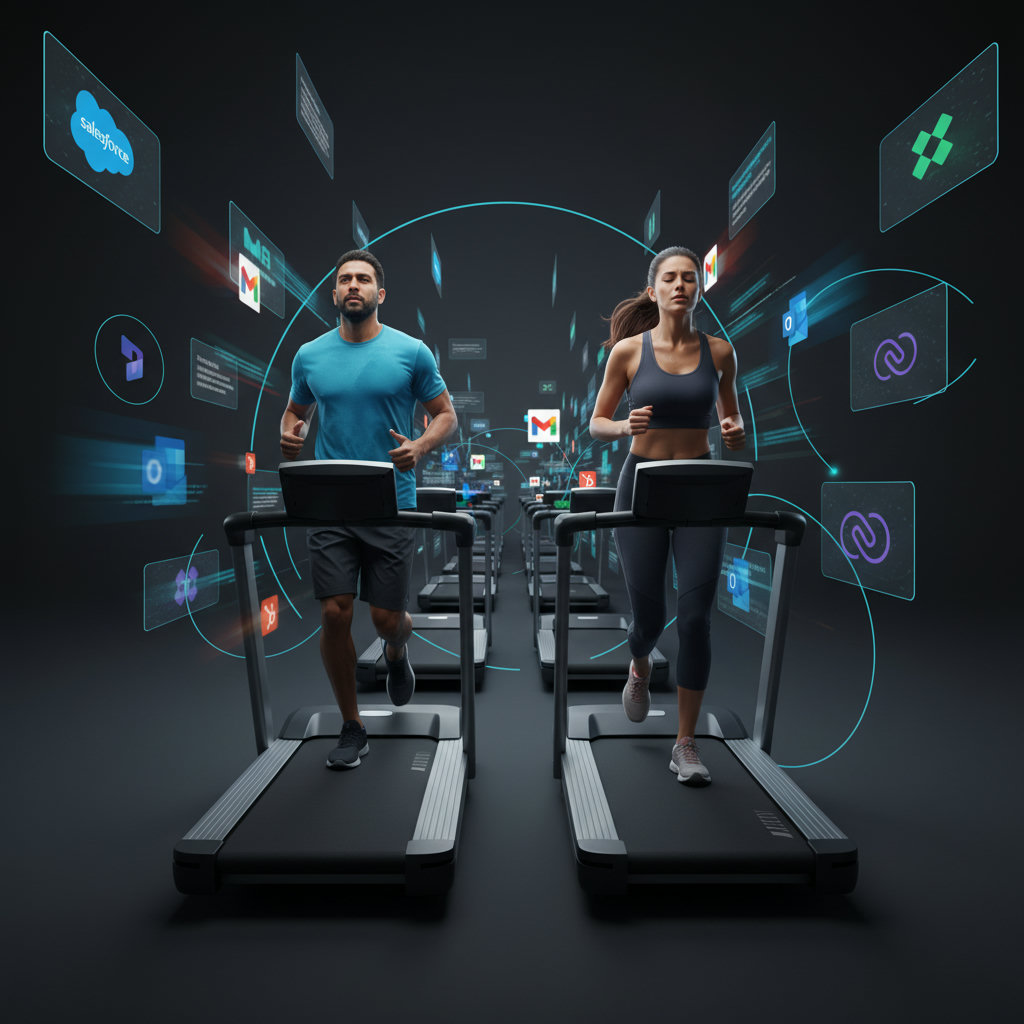 Two runners on a never-ending treadmill, exhausted and sweating, with various brands' logos whizzing past them on screens, representing the 