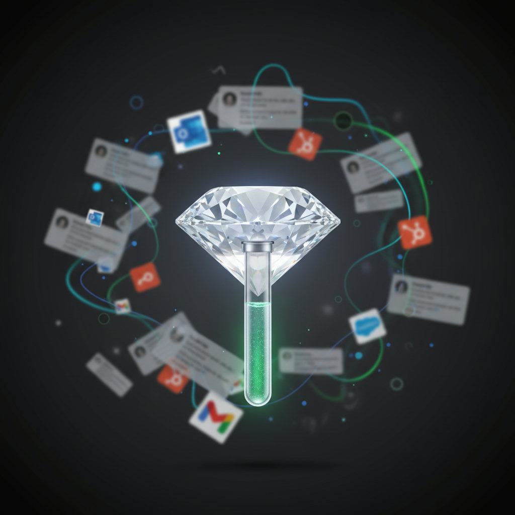 A single, perfectly cut diamond or a beautifully distilled liquid in a clear vial, surrounded by blurred, generic shapes or overflowing, messy content, symbolizing minimalist content as precise, clear, and impactful amidst clutter.
