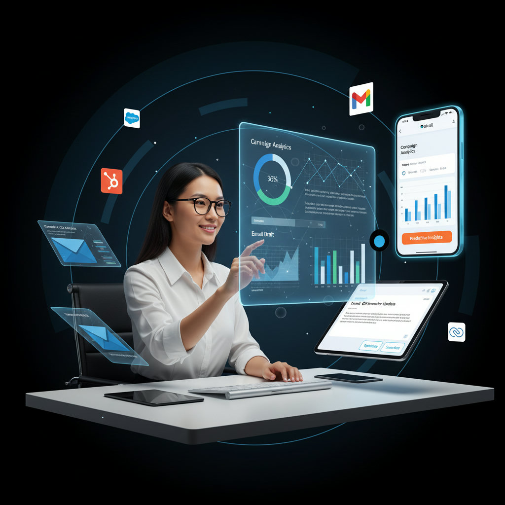 A visual representation of human and AI collaboration in marketing, with a human marketer strategically directing while AI assistants handle data analysis, task automation (e.g., email drafting), and predictive insights.