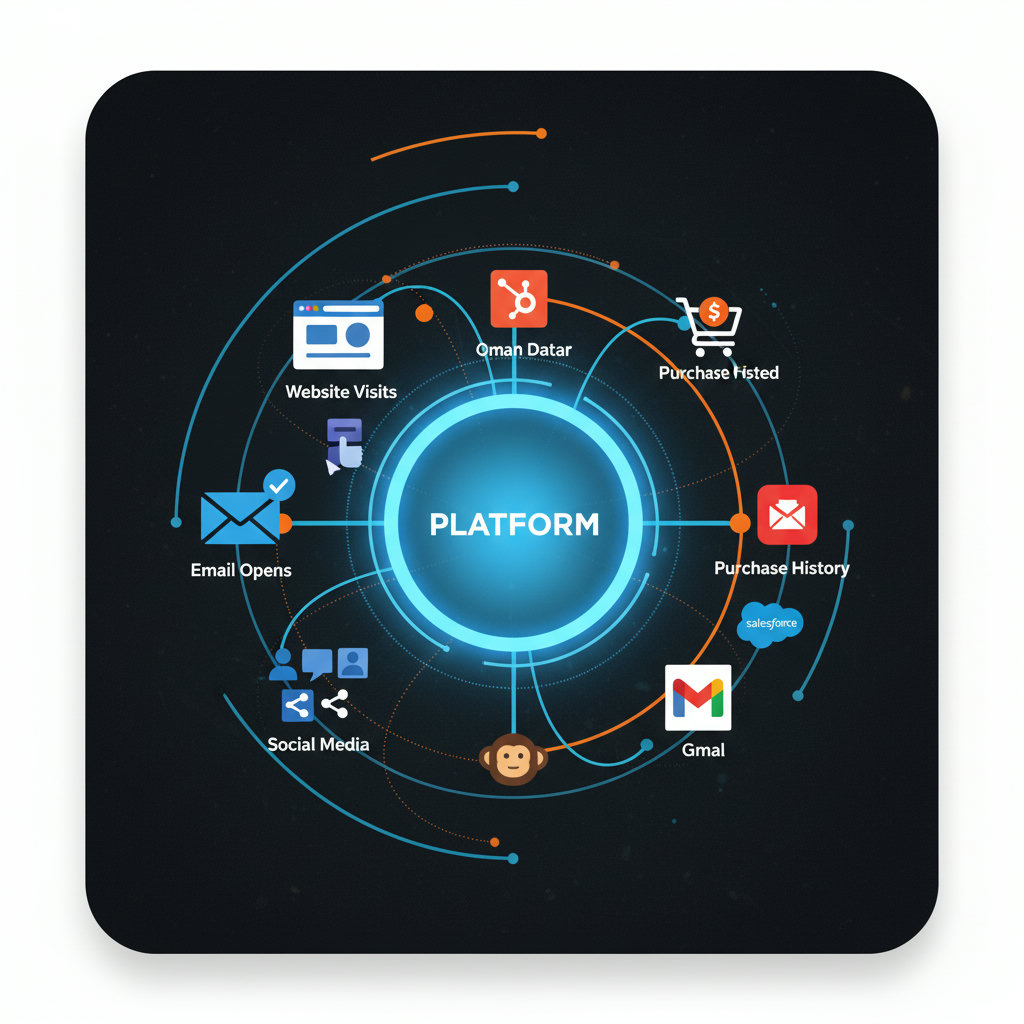 An infographic or visual metaphor depicting how various data sources (website visits, email opens, social media interactions, purchase history) flow into a central 