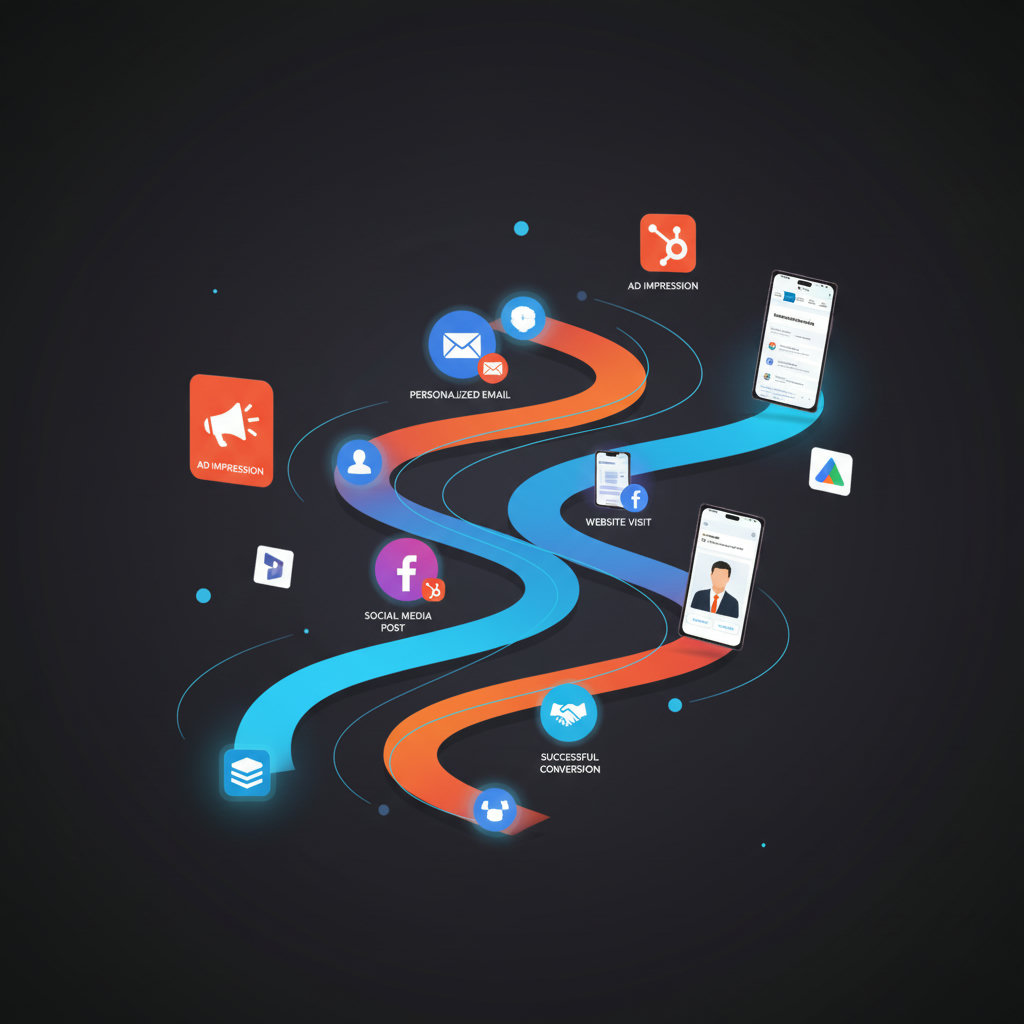 A journey map visual in the style of a personalized, winding path, with different touchpoints along the way (e.g., ad, email, social media post) each uniquely tailored to an individual customer through the power of CRM and AI.