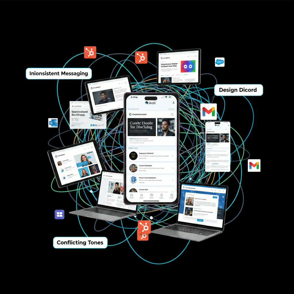 An image illustrating the chaos and inconsistency of brand messaging across various channels (social media, email, website, etc.) without AI. Perhaps a tangled web of different fonts, tones, and styles.