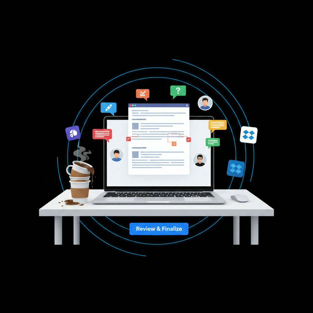 A visual representation of time-consuming content reviews and edits, possibly showing a bottleneck or a workflow with multiple people making corrections and revisions on a single document, perhaps with overflowing coffee cups.