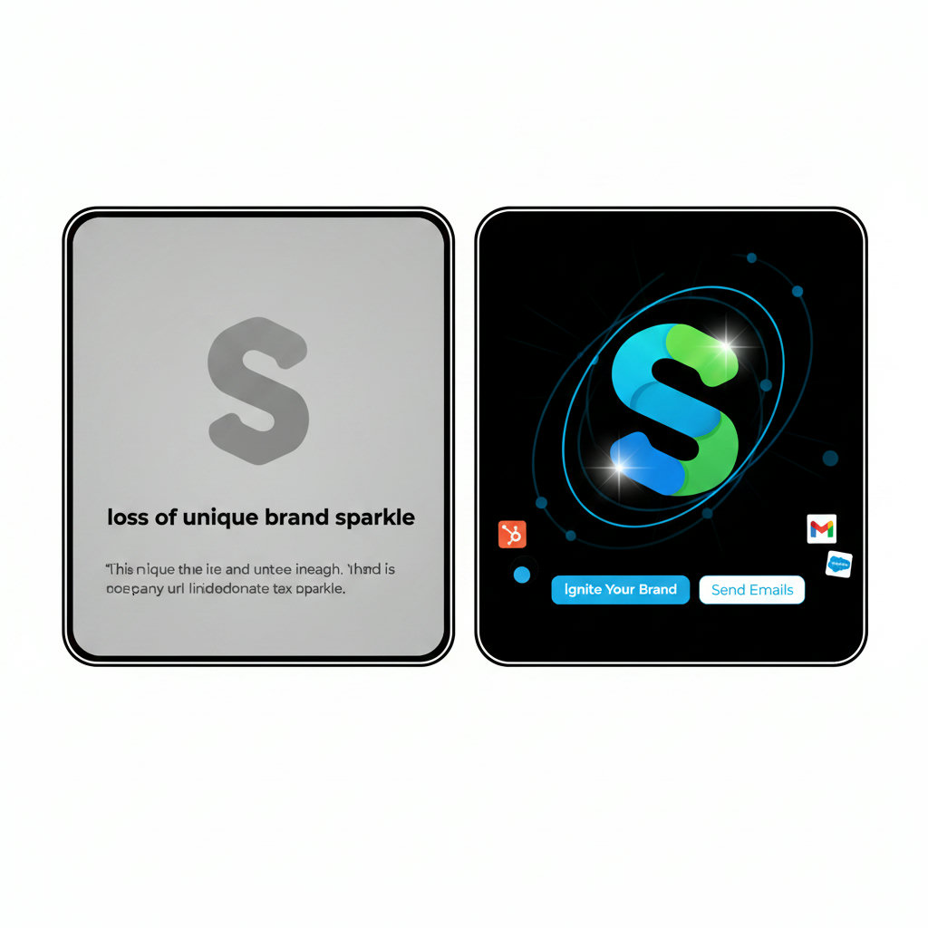 An image demonstrating the 'loss of unique brand sparkle,' perhaps a dull, generic-looking logo or content piece blending into a grey background, in contrast to a vibrant, sparkling, unique brand identity.