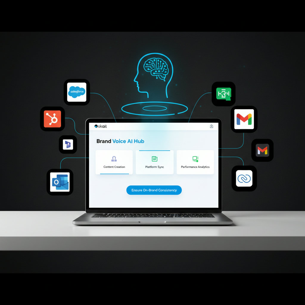 An image depicting 'brand voice AI' as a central, intelligent hub or guardian, harmonizing and unifying various content pieces and platforms, leading to consistent, on-brand communication across all touchpoints.