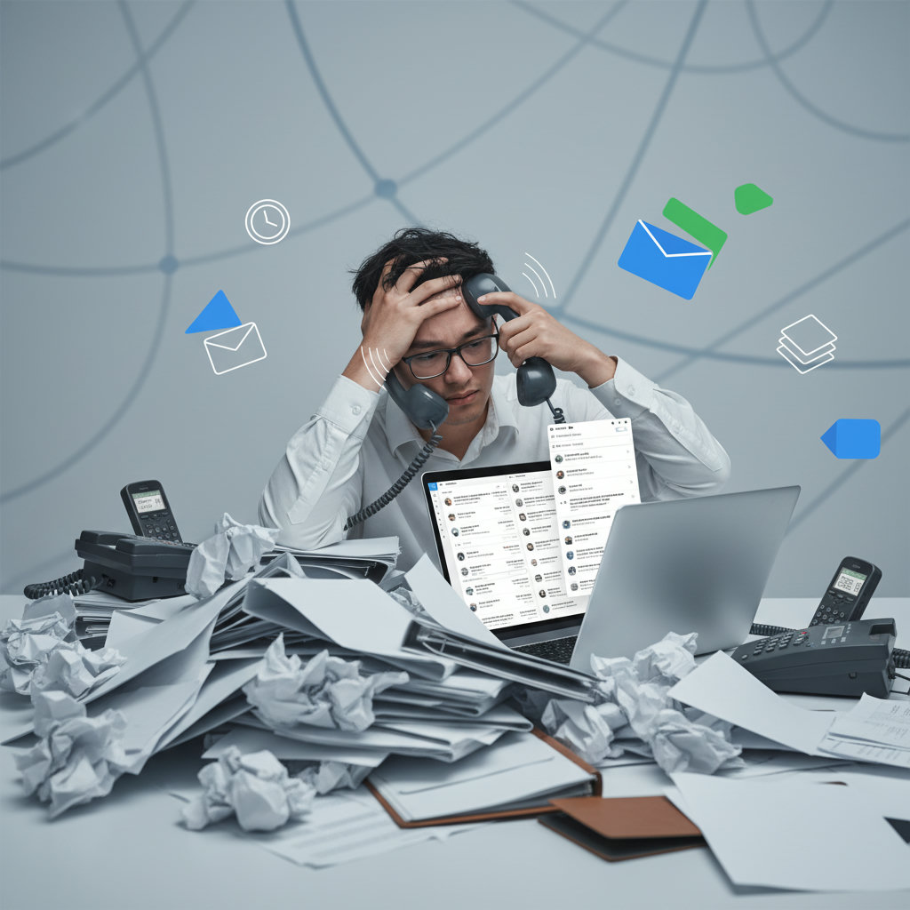 A person looking exhausted and overwhelmed by a massive pile of papers, a overflowing inbox, and multiple ringing phones, symbolizing the manual, time-consuming, and repetitive nature of traditional B2B sales prospecting. The color palette should evoke a sense of drudgery and stress.