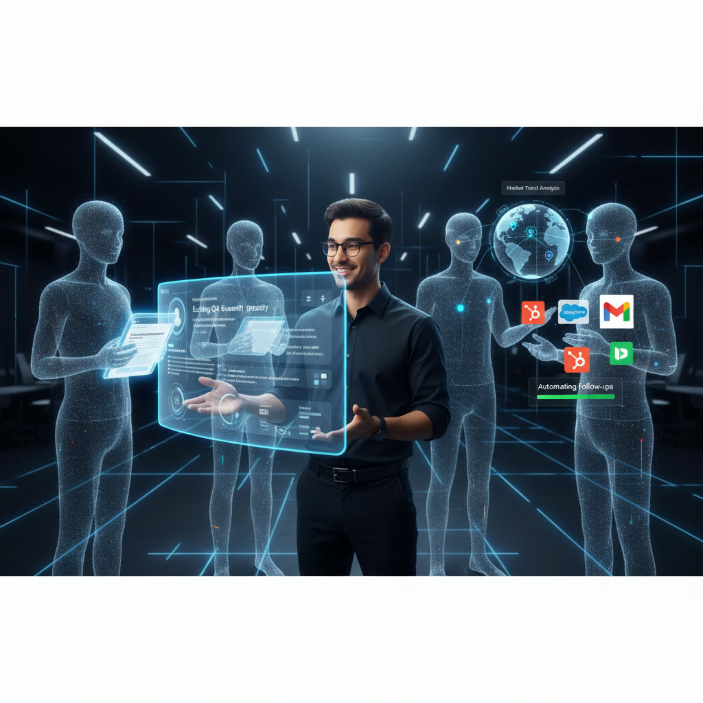 A futuristic, stylized image of a human sales professional collaborating seamlessly with several glowing, ethereal digital clones. The clones should appear as extensions of the human, perhaps subtly transparent or with digital overlays, symbolizing their AI nature. The human should be engaged in a high-level strategic discussion or building rapport, while the clones are efficiently handling multiple digital tasks (e.g., sending personalized messages, analyzing data visually). The overall tone should be collaborative, efficient, and forward-thinking, with a clean, modern aesthetic.