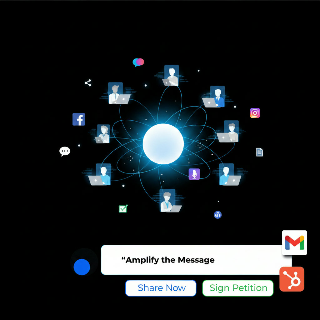 An image illustrating the concept of 'digital advocacy' with connected individuals forming a network, amplifying a central message through digital tools like social media icons, petitions, and online sharing. It should convey a sense of collective action and wide reach.