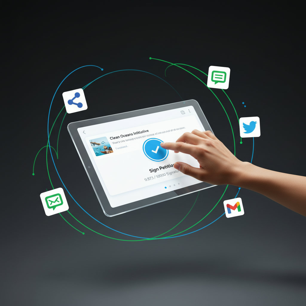 Showcasing 'active participation' in a digital context. This could be depicted as hands interacting with screens, signing petitions, sharing content, or contributing to online forums, all contributing to a larger goal or cause. The visual should highlight engagement and empowerment.