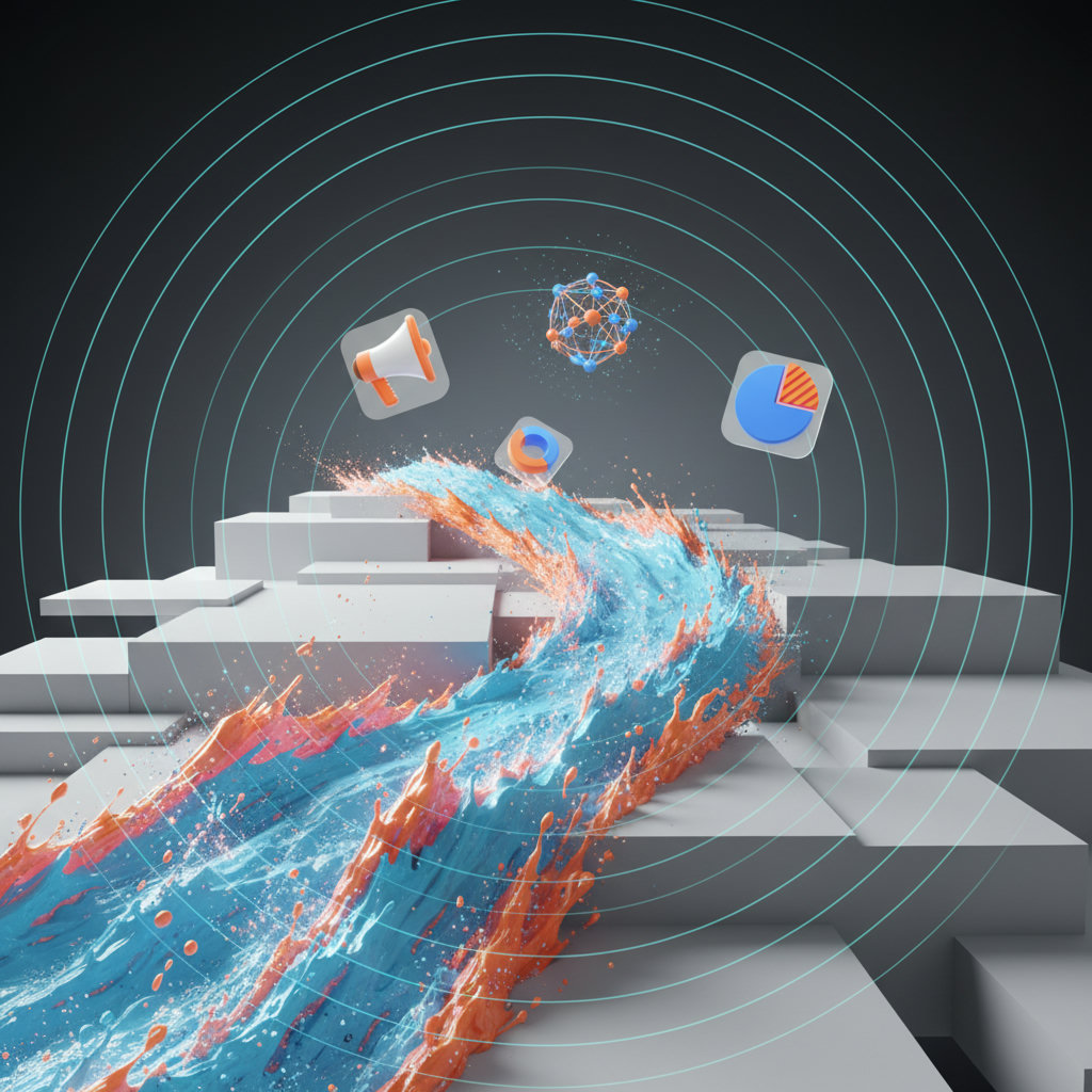 A dynamic and complex river with rapids, symbolizing the ever-changing nature of modern marketing.