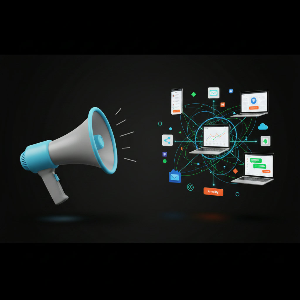 A visual contrast between a single megaphone (traditional marketing) and a network of interconnected digital channels (amplified marketing).