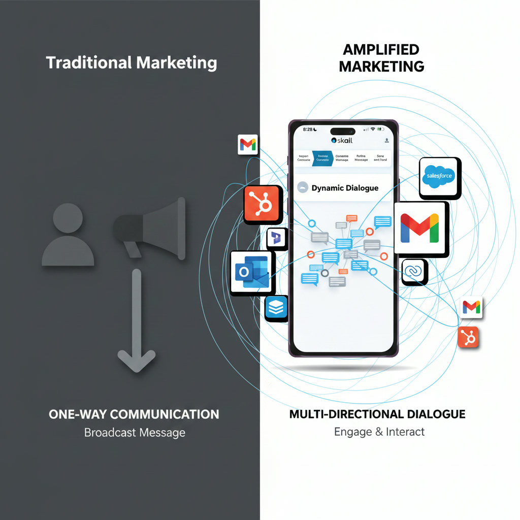 A graphic illustrating the shift from one-way communication (traditional marketing) to multi-directional, dynamic dialogue (amplified marketing).