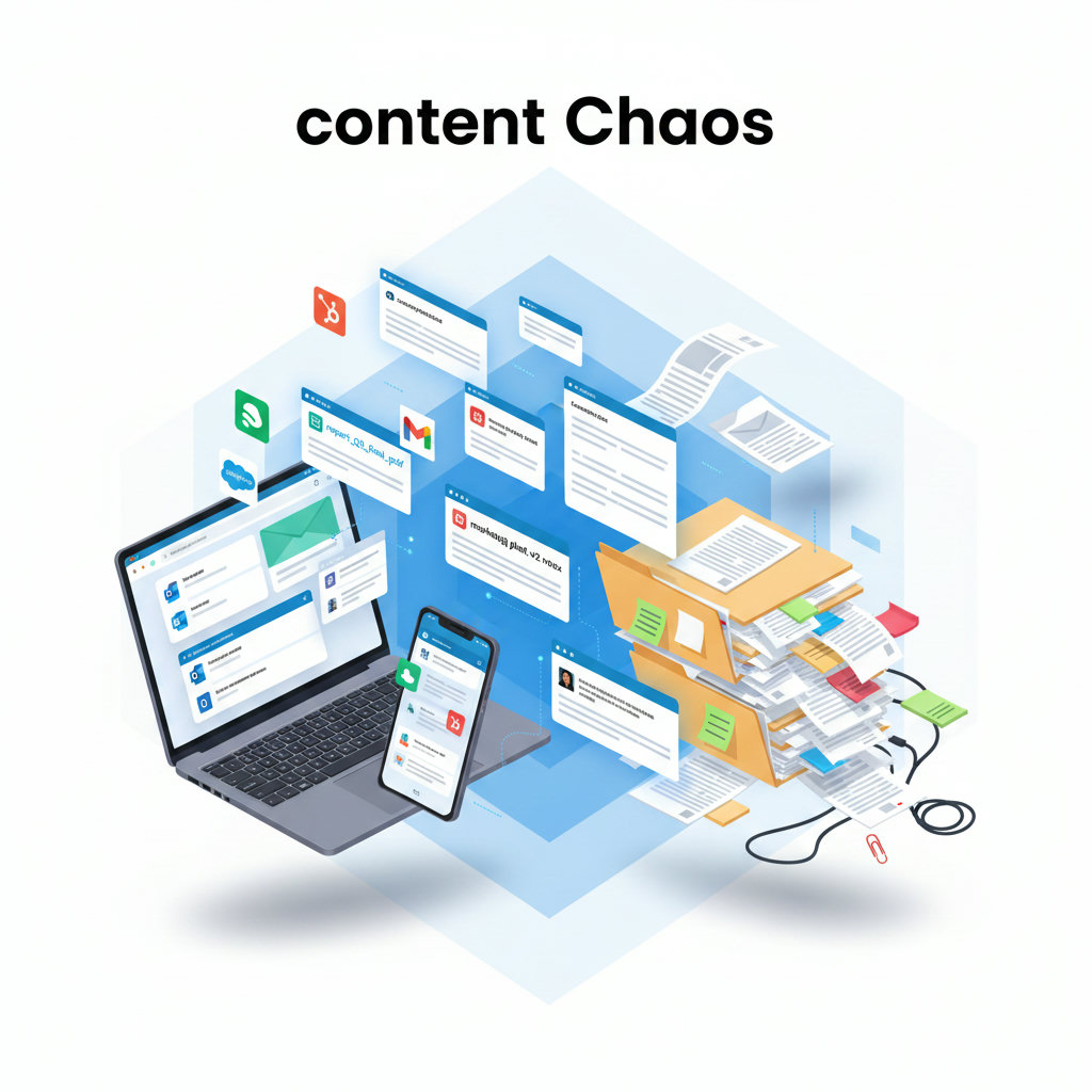An illustration of scattered documents, files on various devices (laptops, phones), and overflowing chaotic folders to represent 'content chaos'.