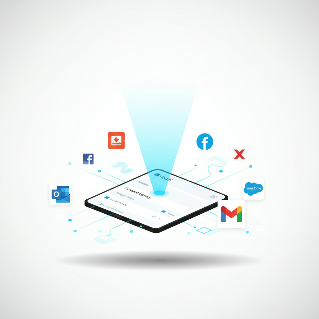 A visual representation of a centralized hub, perhaps a sleek digital dashboard or a well-organized library, with various content types (blog icons, video play buttons, social media logos) neatly arranged and easily accessible. A light beacon shining from the hub could symbolize its role as a 'single source of truth'.