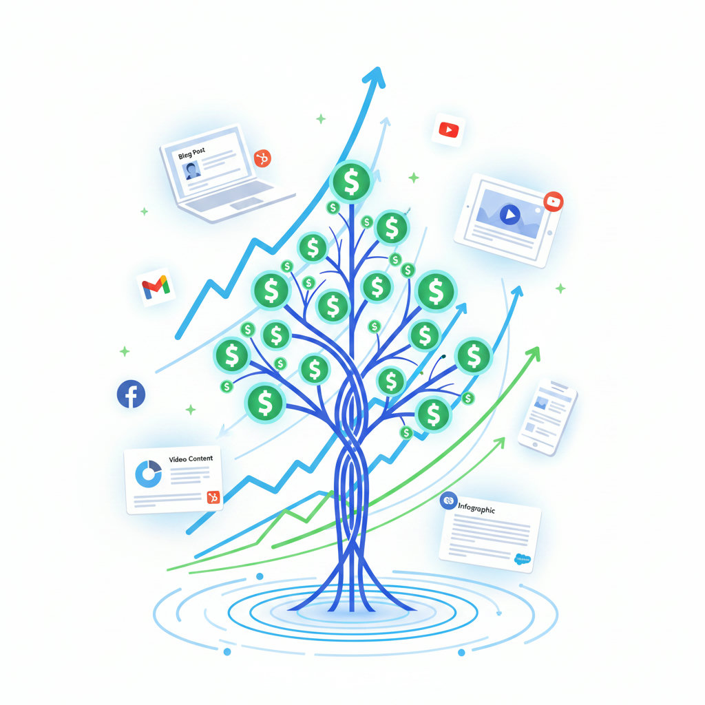 An image illustrating ROI growth, perhaps with upward-trending graphs or a money tree, alongside various content elements (e.g., blog posts, videos, social media graphics) connecting to the growth, symbolizing how a content hub maximizes investment.