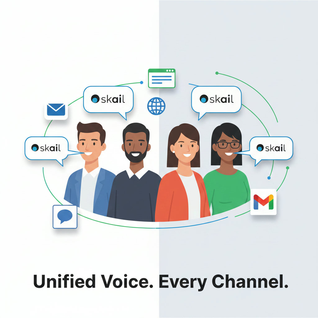 A visual emphasizing brand consistency, possibly with a diverse group of people (representing a team) all speaking with the same speech bubble containing a brand logo or consistent message, or different communication channels (social media, email, website) all displaying a unified brand identity.