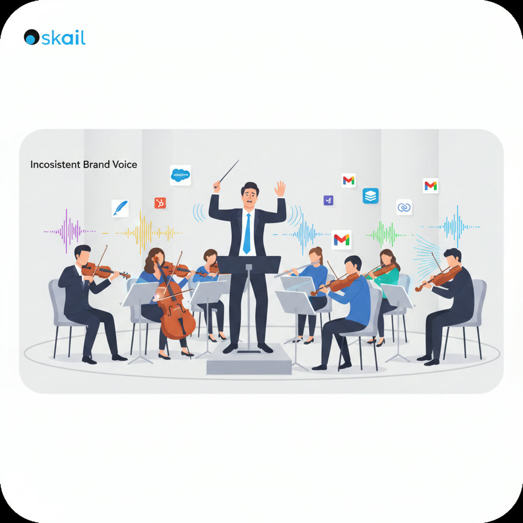 An orchestra conductor leading musicians, with some musicians playing out of tune, creating a visual metaphor for inconsistent brand voice. The conductor looks frustrated or overwhelmed.