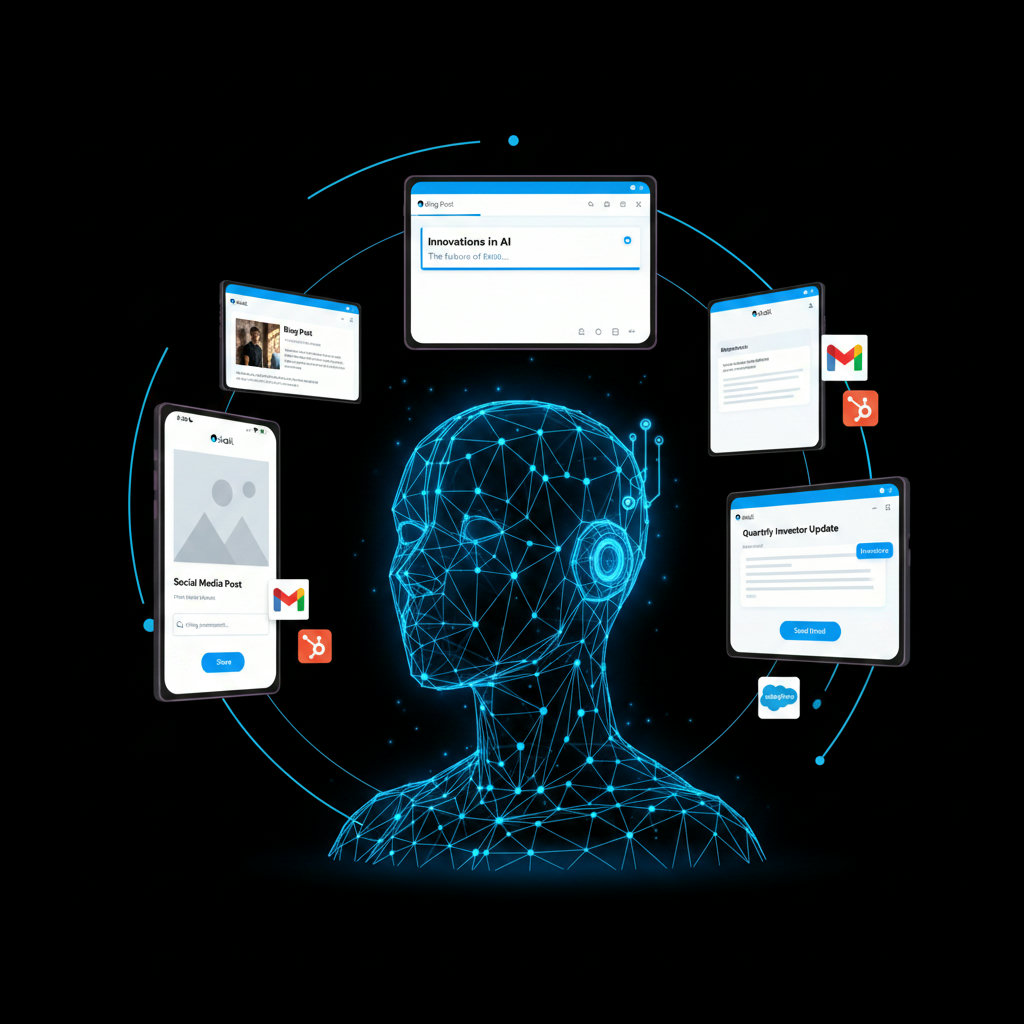 A stylized 'AI brain' or a thoughtful robot, meticulously crafting different pieces of content (e.g., social media post, blog, email) while ensuring they all carry the same consistent brand elements (e.g., logo, color scheme, tone indicators).