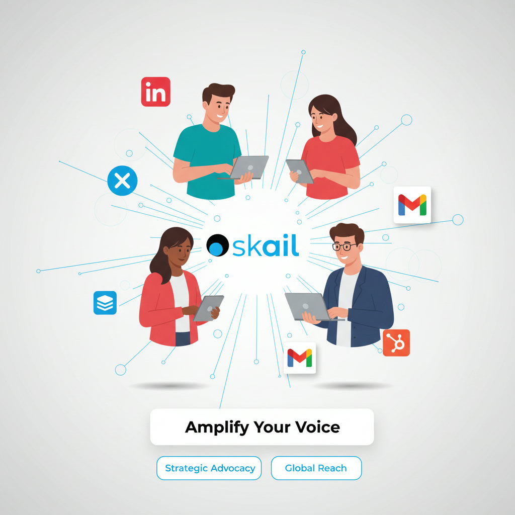 A diverse group of people (employees, customers) sharing content on various digital platforms, with a central brand message or logo radiating outwards from them, symbolizing amplified impact through strategic advocacy.