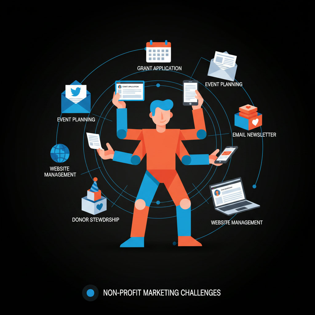 An image illustrating the various challenges non-profits face when marketing, such as juggling multiple tasks like grant applications, donor stewardship, event planning, social media updates, email newsletters, and website management. It could visually represent these tasks as a chaotic, overflowing to-do list or a multi-armed person trying to manage everything at once.