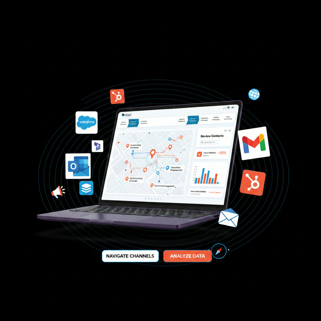 An image depicting the 'digital frontier' with elements like various social media logos, email symbols, website interfaces, and perhaps a stylized map or compass, symbolizing the navigation and understanding of this digital landscape for non-profits.
