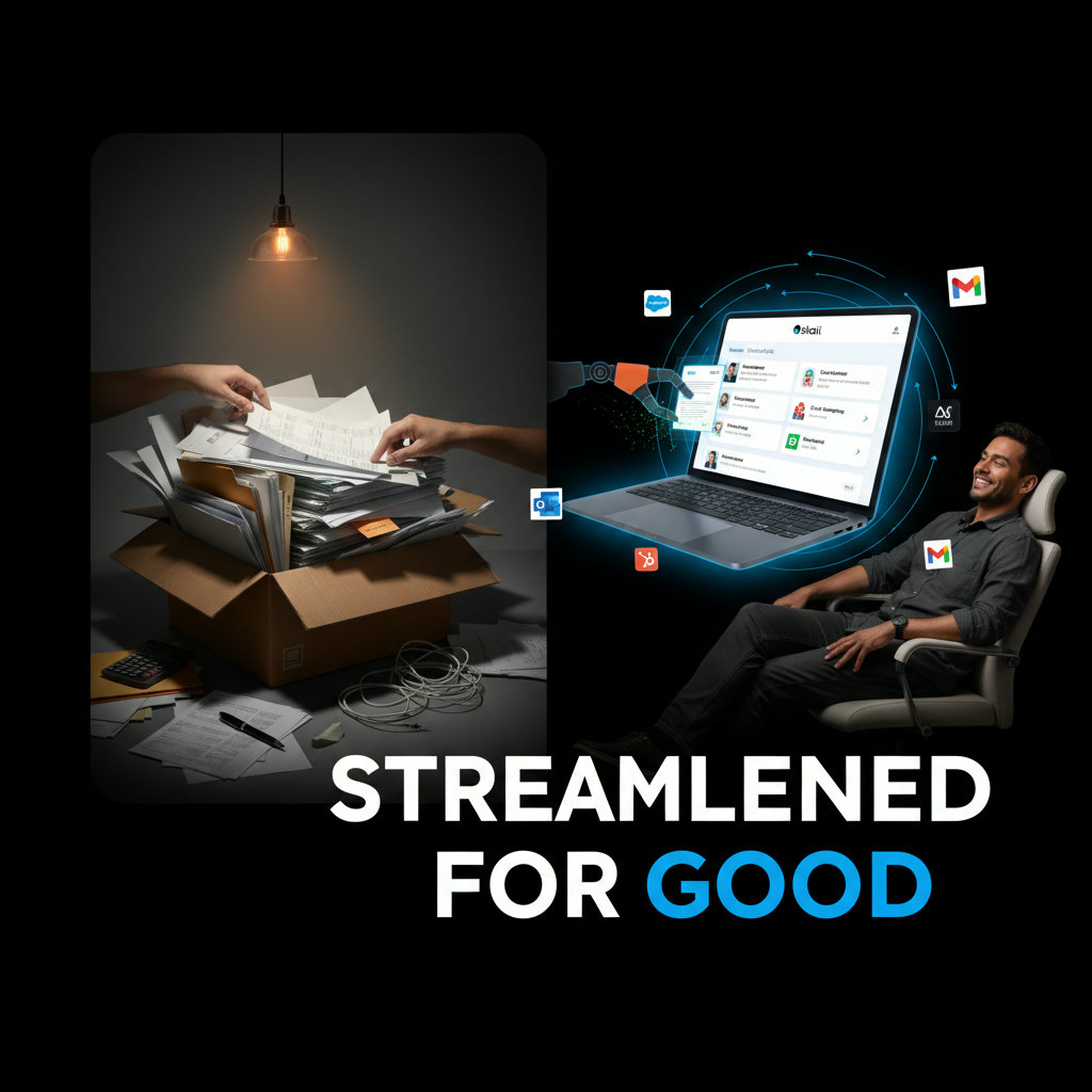 An image that visually represents 'Streamlining Administrative Tasks' through the use of non-profit marketing tools. This could show a before-and-after comparison, with the 'before' being messy paperwork and manual processes, and the 'after' being automated systems, clean interfaces, and a person looking relaxed or productive. Elements could include a robotic arm handling tasks or interconnected digital tools.
