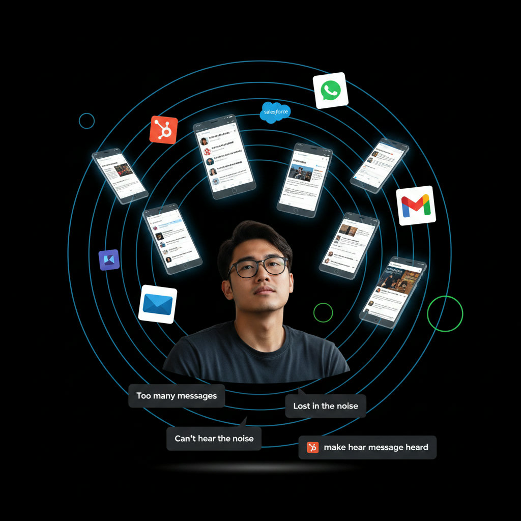 An image illustrating the idea of information overload with a person drowning in a sea of digital content like emails, social media posts, and articles, emphasizing the struggle to make one's message heard.