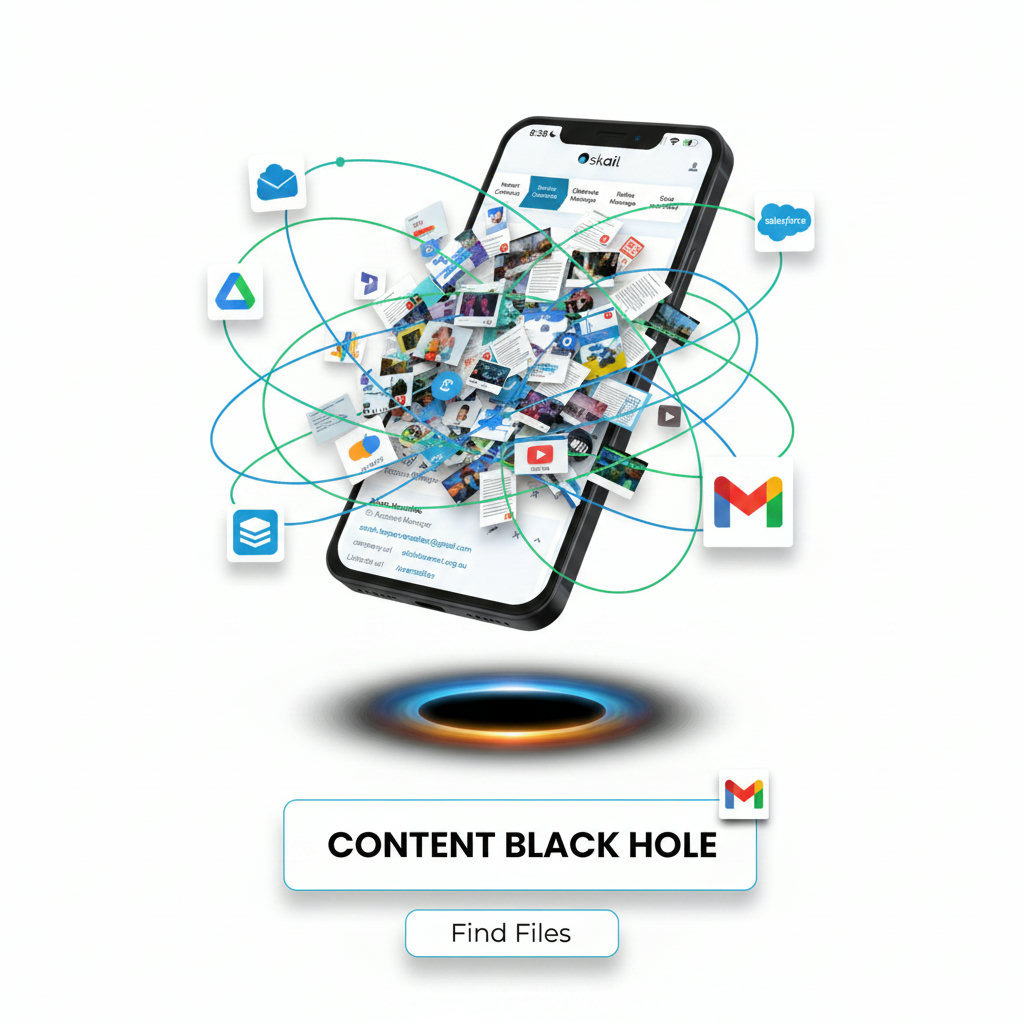 A visual representation of the chaos and disorganization of scattered digital assets, like documents, images, and videos, across various platforms and tools, leading to a 'content black hole.'