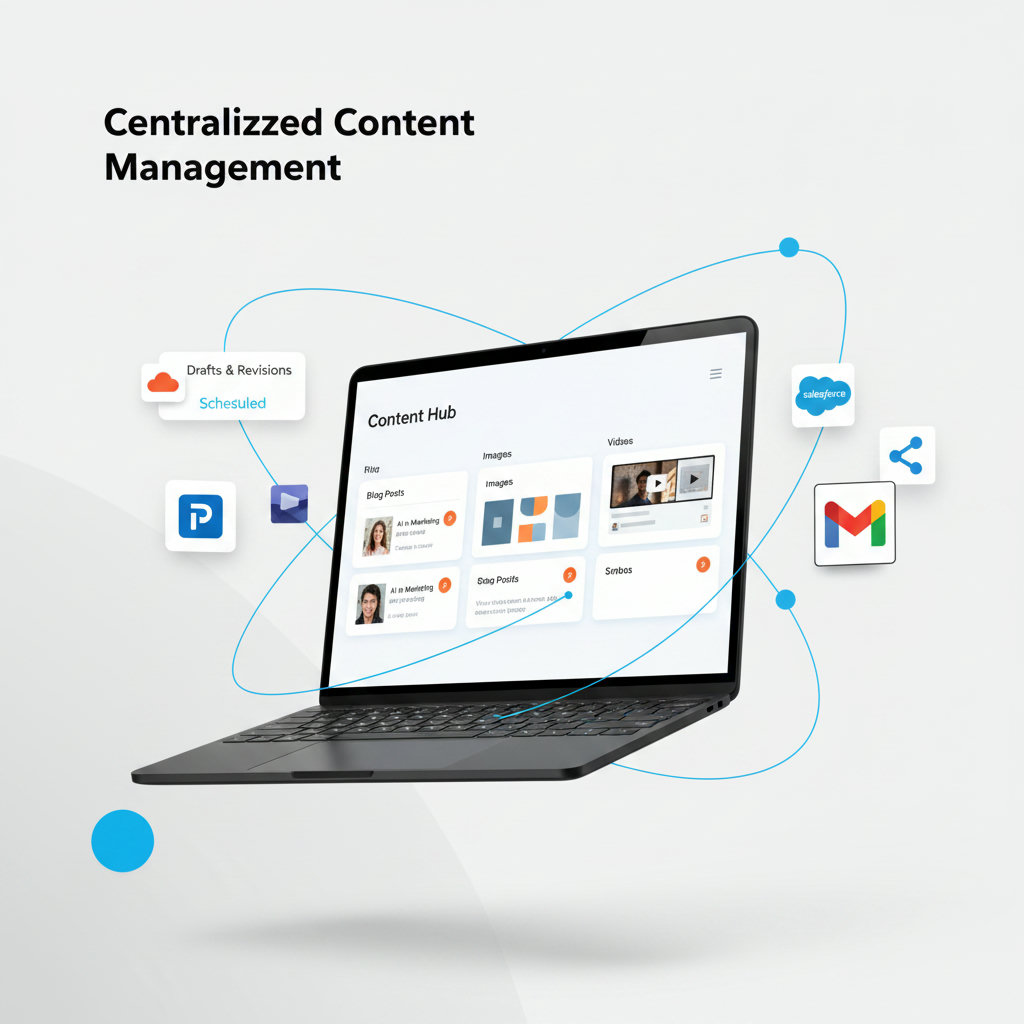 An image depicting a centralized hub or dashboard where all content assets are seamlessly integrated and managed, representing 'Centralized Content Management.' This could show different content types (blog posts, images, videos) flowing into a single, organized system.