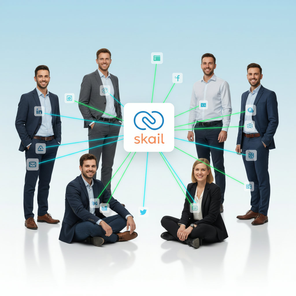 A visually striking representation of a diverse group of employees, each connected by glowing lines to a central brand logo, symbolizing their collective social networks converging to amplify the brand's reach.
