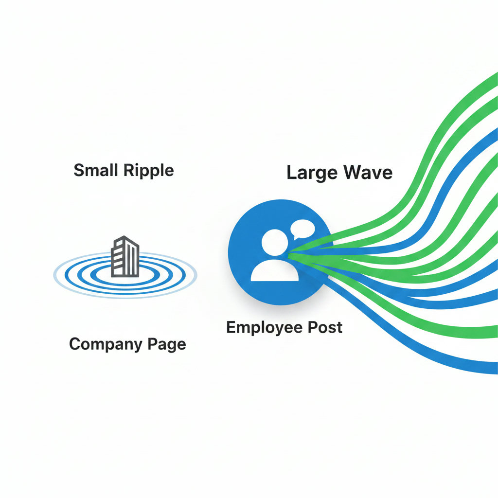An image illustrating a stark contrast between a company page post (represented by a small, solitary ripple) and an employee post (depicted as a large, vibrant wave extending widely), highlighting the difference in social media reach.