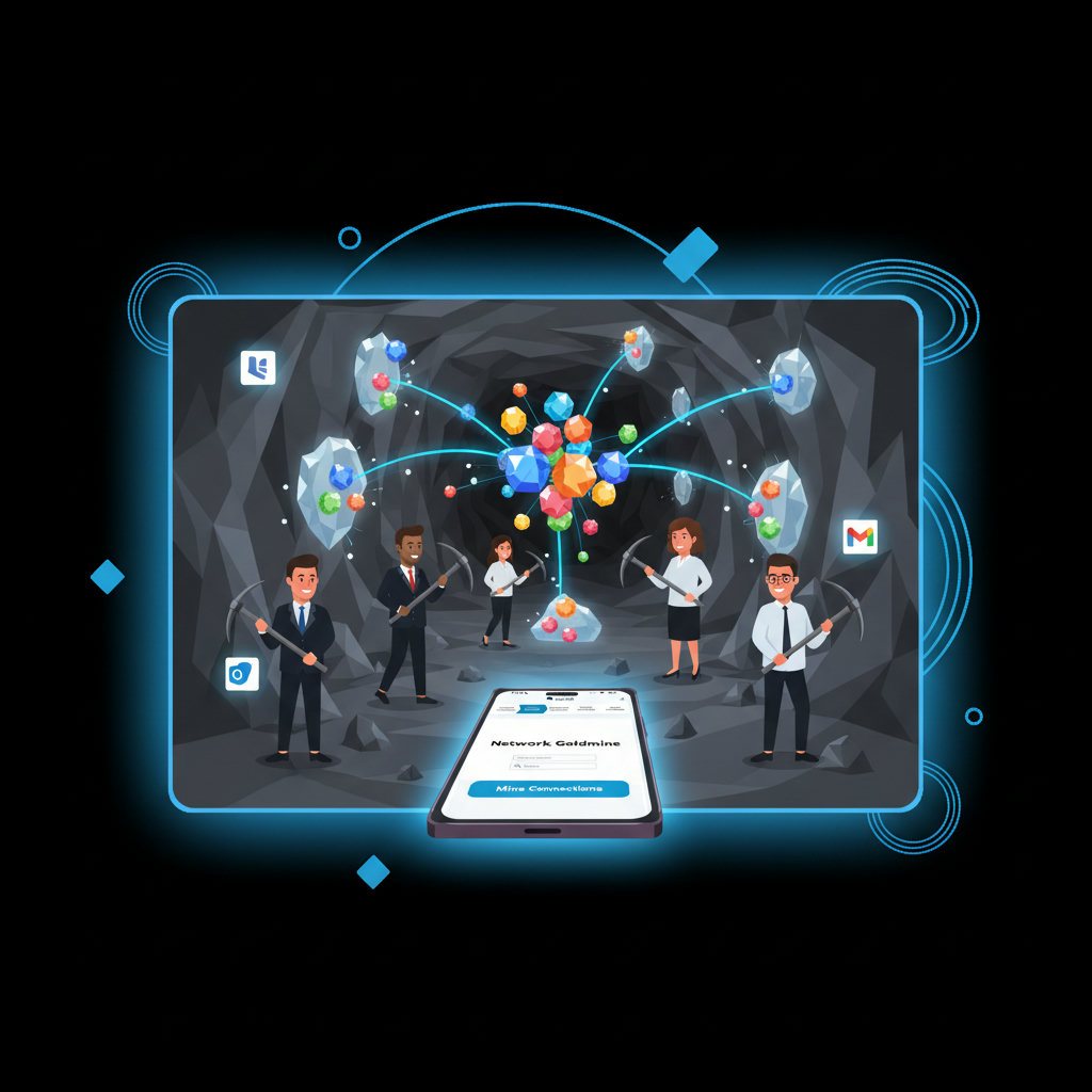 A depiction of a 'goldmine' with individual employees unearthing valuable connections (represented by sparkling gems or interconnected nodes) from their personal social networks, emphasizing the untapped potential within their networks.