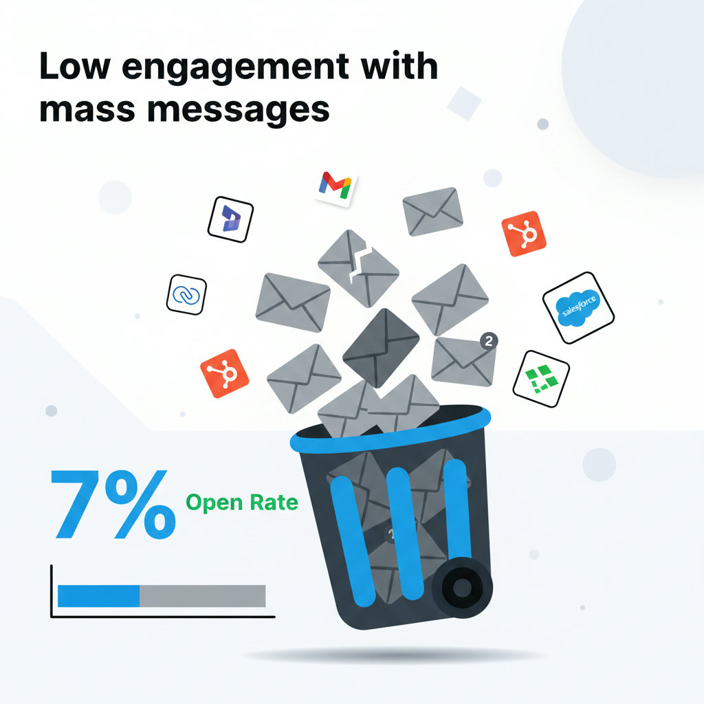 An image depicting 'low engagement with mass messages' perhaps a digital recycle bin overflowing with generic emails or a graphic showing a low open rate with many unopened envelopes.