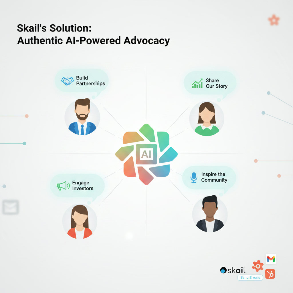 A visual metaphor for 'Skail's Solution: Authentic AI-Powered Advocacy,' possibly showing a diverse group of empowered individuals, each with a unique, glowing thought bubble or speech bubble, all connected to a central, intelligent AI system.