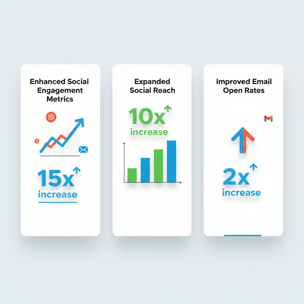 An infographic or chart visually representing the 'Enhanced Social Engagement Metrics' with a clear indicator of a 15x increase, and 'Expanded Social Reach' with a 10x increase, and 'Improved Email Open Rates' with a 2x increase, using upward-trending arrows or growing bar graphs.
