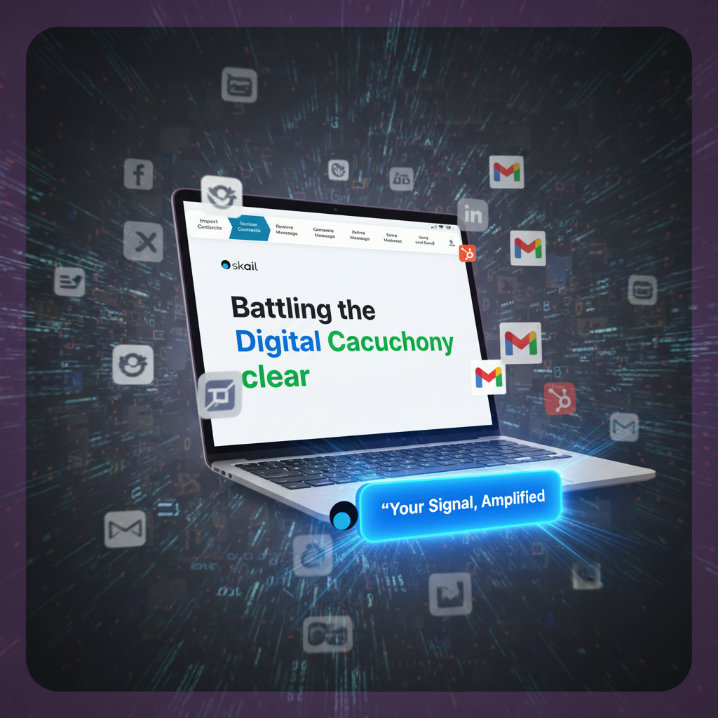 A visual representation of 'Battling the Digital Cacophony' using imagery of a crowded digital space filled with noise, competing brands, and various social media elements, with one clear, distinct message standing out.
