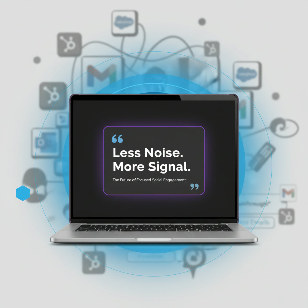 An image representing 'Strategic Minimalism' in social media, perhaps showing a simplified, clean interface focusing on essential elements amidst a cluttered background, or a focused spotlight on a key message within a vast digital landscape.
