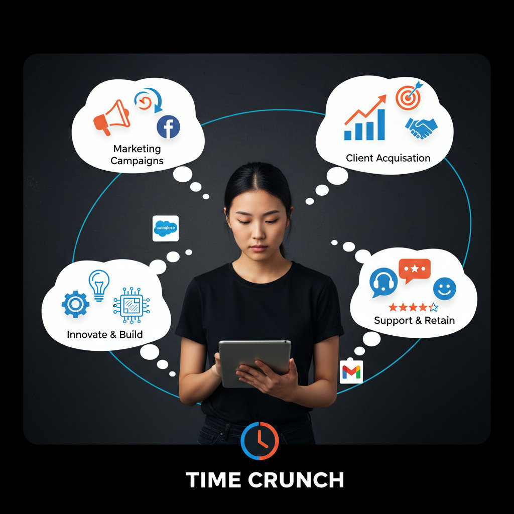 A small business owner juggling multiple tasks, surrounded by thought bubbles representing marketing, sales, product development, and customer service, highlighting the challenge of time constraints.