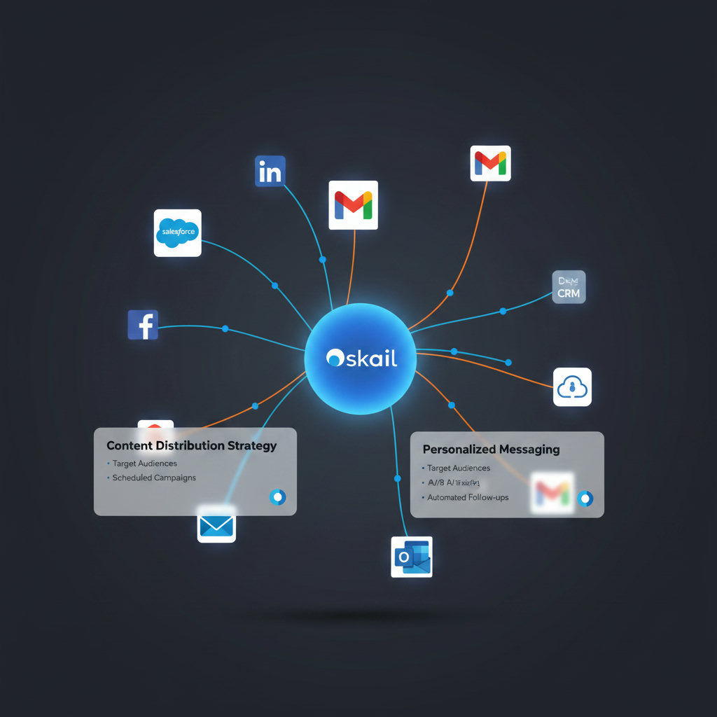 An AI-powered platform with various social media icons and CRMs connected by lines, illustrating seamless content distribution and personalized messaging.