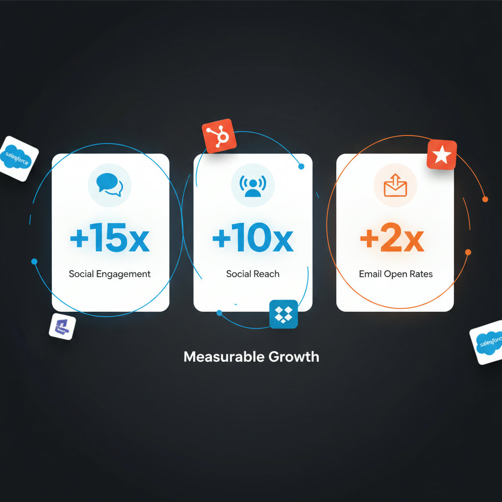A graph or infographic showing significant increases in social engagement (+15x), social reach (+10x), and email open rates (+2x), visually representing measurable growth.