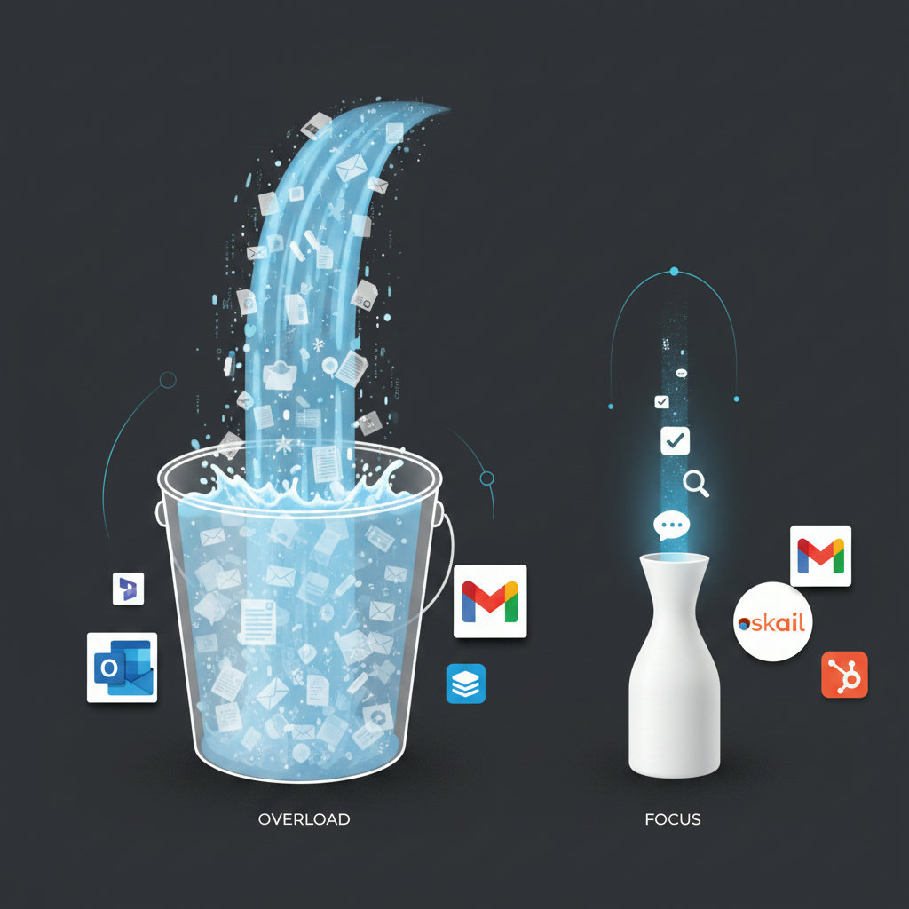 A visual representation of an overflowing bucket being filled with water, symbolizing content overload, alongside a smaller, more focused stream filling a different container, representing quality over quantity.