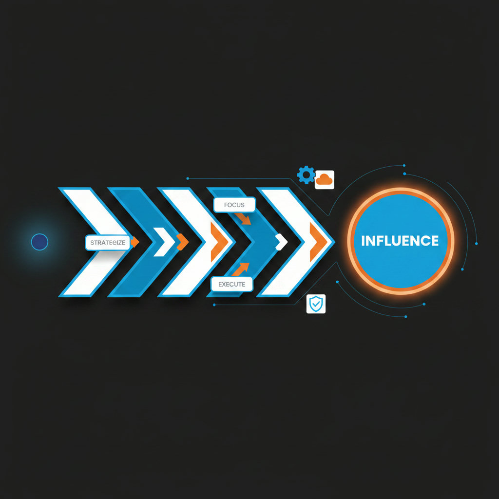 An image illustrating a roadmap with clear, concise directional arrows, leading to a prominent destination labeled 'Influence.' This signifies the strategic simplicity of focusing to achieve maximum impact.