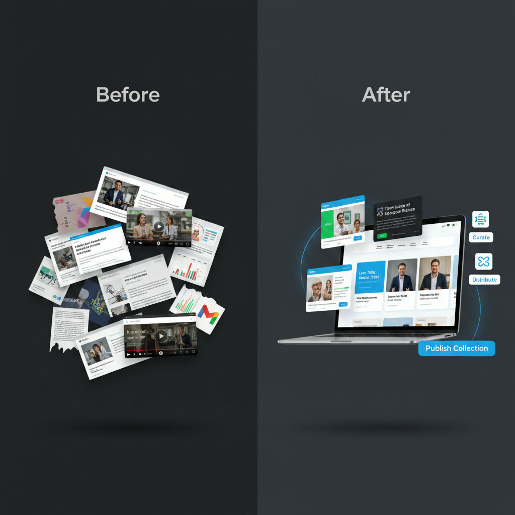 A split image or a visual with two distinct sections. One side shows a chaotic array of different content types (infographics, blog posts, videos) in disarray, while the other side depicts a well-organized, curated collection of high-quality content assets, perhaps within a digital interface, reflecting effortless content curation.