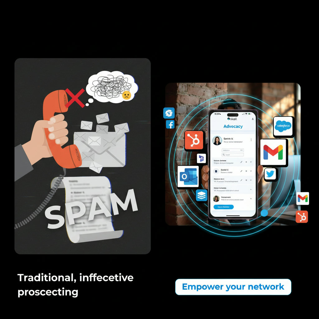 An image depicting the contrast between traditional, ineffective prospecting methods (like cold calling and email spam) and modern, authentic social selling enabled by social media advocacy tools.