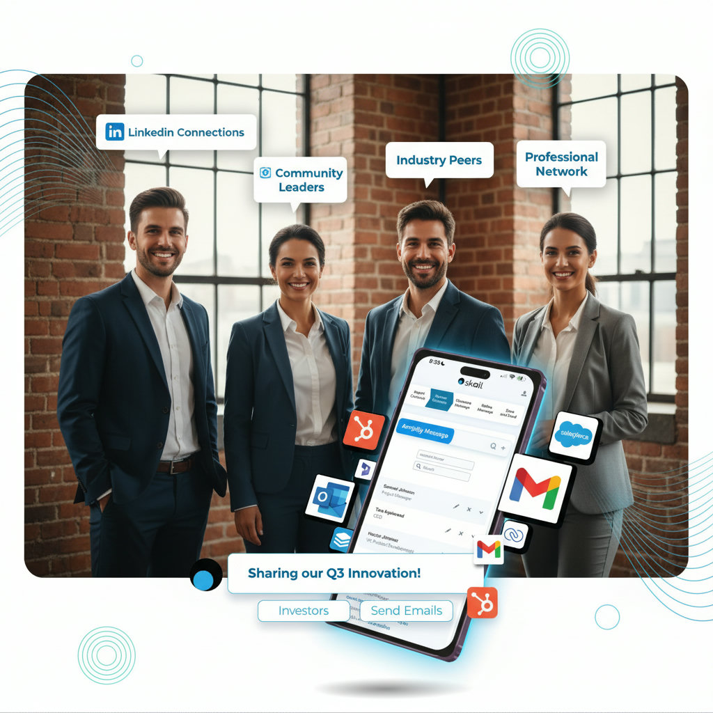 An image showcasing employees as brand ambassadors, perhaps with speech bubbles or thought clouds indicating their personal networks and credibility, effectively amplifying the company's message through an AI-powered platform.
