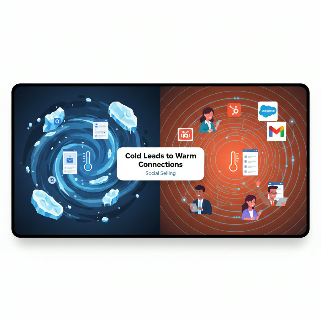 A visual representation of the concept of 'warm connections' replacing 'cold leads' due to social selling. This could be a thermometer shifting from blue to orange/red, or a visual metaphor of an icy ocean transforming into warm pools.