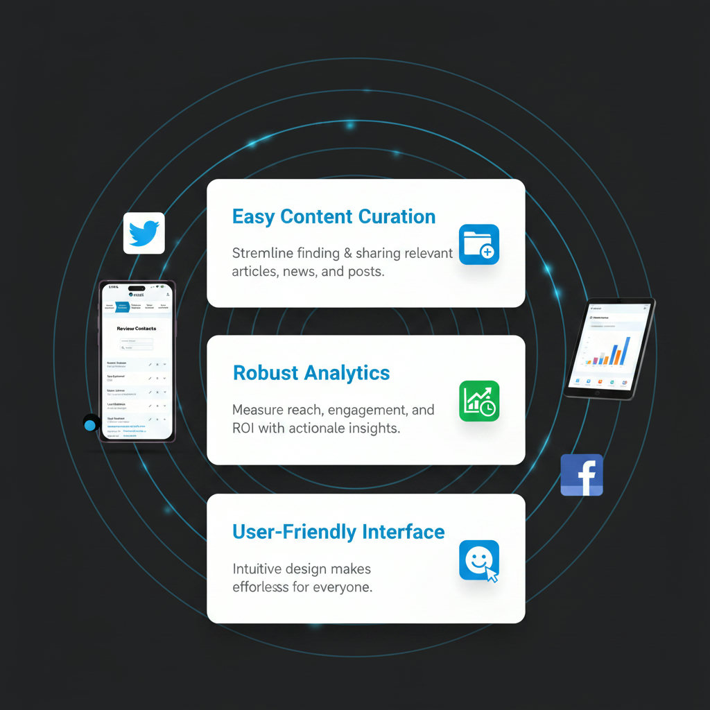 An infographic-style image highlighting the key features of a good social media advocacy tool: easy content curation, robust analytics, and a user-friendly interface. Each point could have a small icon representing the feature.