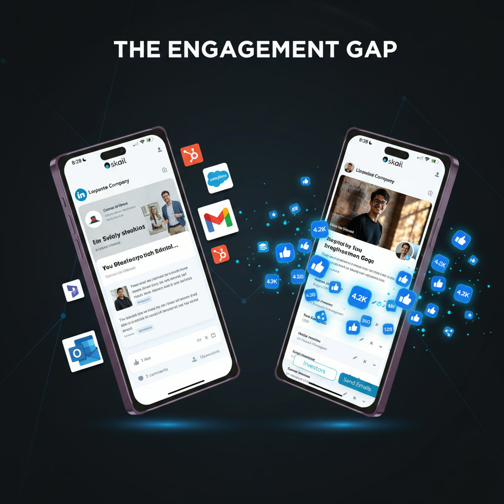 A visual representation of the 'LinkedIn Engagement Gap,' perhaps with a large, formal corporate logo receiving minimal engagement (small, sparse likes), contrasting sharply with an individual employee profile showing vibrant, abundant engagement (many likes, comments, and shares), illustrating the difference in organic reach.