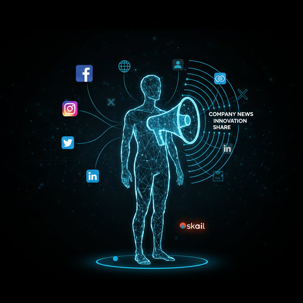 An employee influencer, depicted as a beacon or megaphone, amplifying the company's message to a wider, more engaged audience. The background could subtly show various social media icons or a network of connections, emphasizing reach.